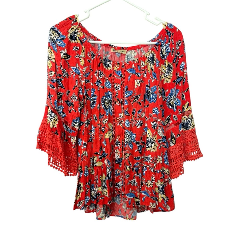 NEW Democracy XS Red Floral Peplum Blouse Crochet Lace Bell Sleeve Cottagecore